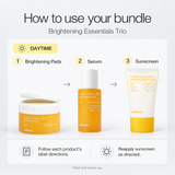 How to use Celimax Brightening Trio: toner pad after cleansing, serum, then sunscreen as the final daytime step