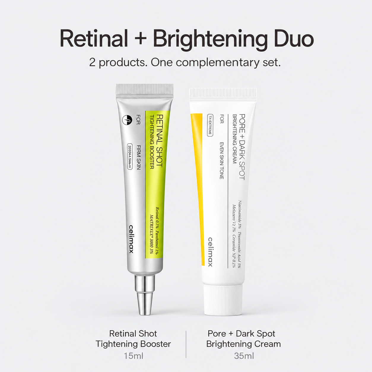 Celimax Retinal + Brightening Duo contents: Retinal Booster 15ml and Brightening Cream 35ml