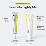 Celimax Retinal + Brightening Duo formula highlights with retinal, niacinamide and tranexamic acid