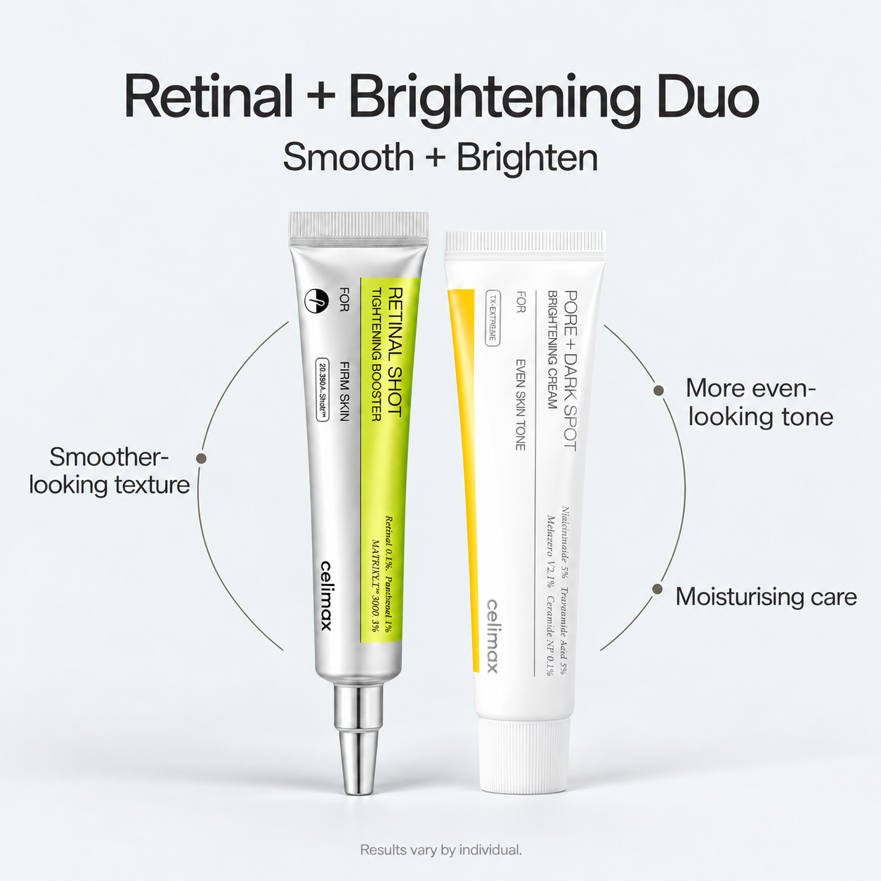 Celimax Retinal and Brightening Cream duo benefits for smoother-looking texture, even-looking tone and hydration