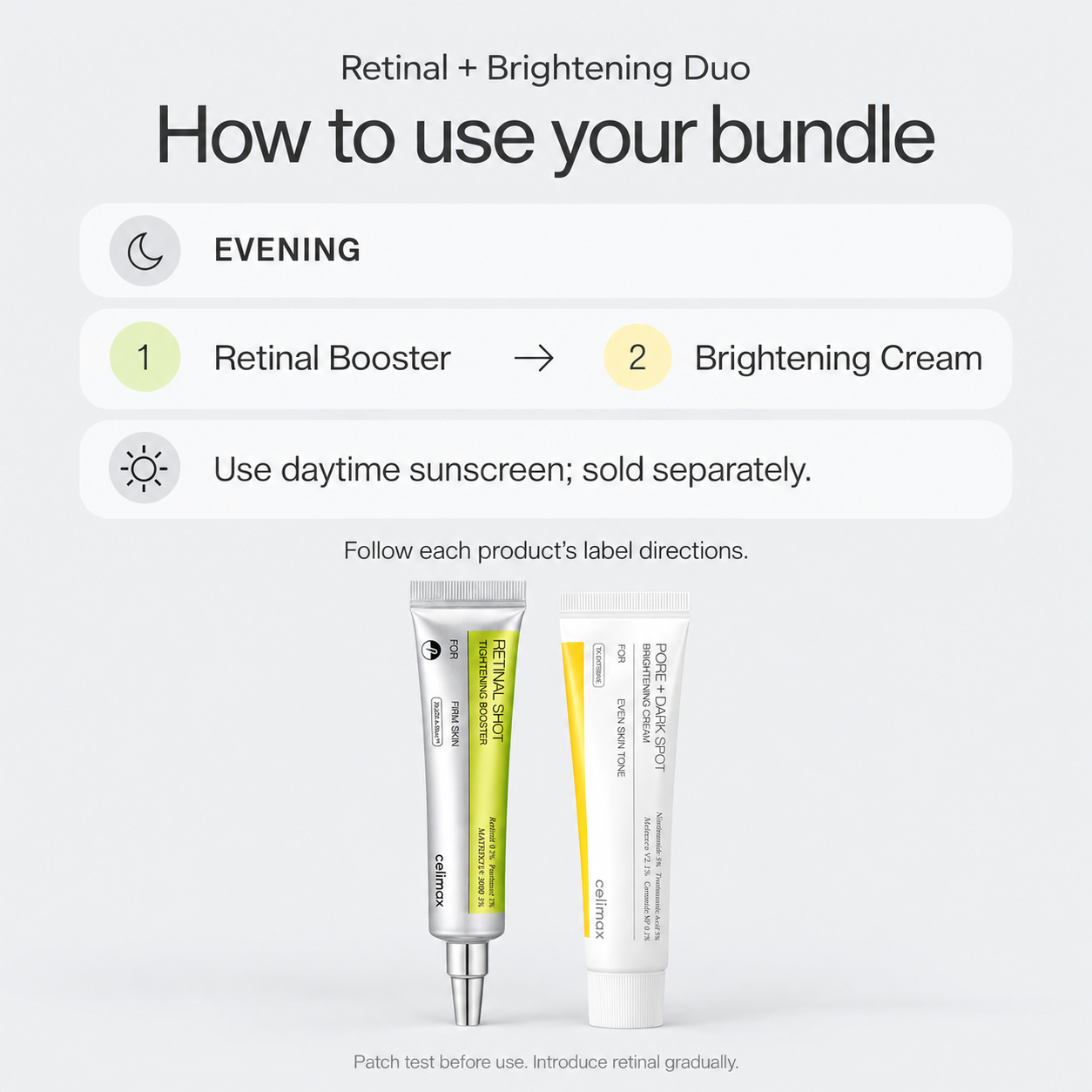 How to use Celimax Retinal + Brightening Duo: nighttime retinal followed by cream, with sunscreen in the morning